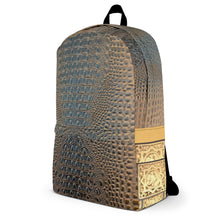 Load image into Gallery viewer, HARVEST GOLD AND BLUE GATOR PRINT, BACKPACK DESIGNER BAGS