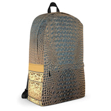 Load image into Gallery viewer, HARVEST GOLD AND BLUE GATOR PRINT, BACKPACK DESIGNER BAGS