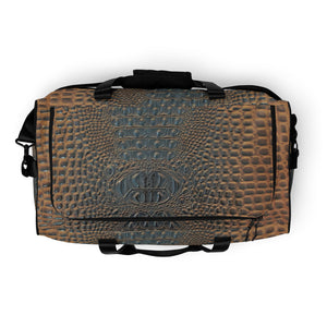 HARVEST GOLD AND BLUE GATOR PRINT, DUFFLE DESIGNER BAGS